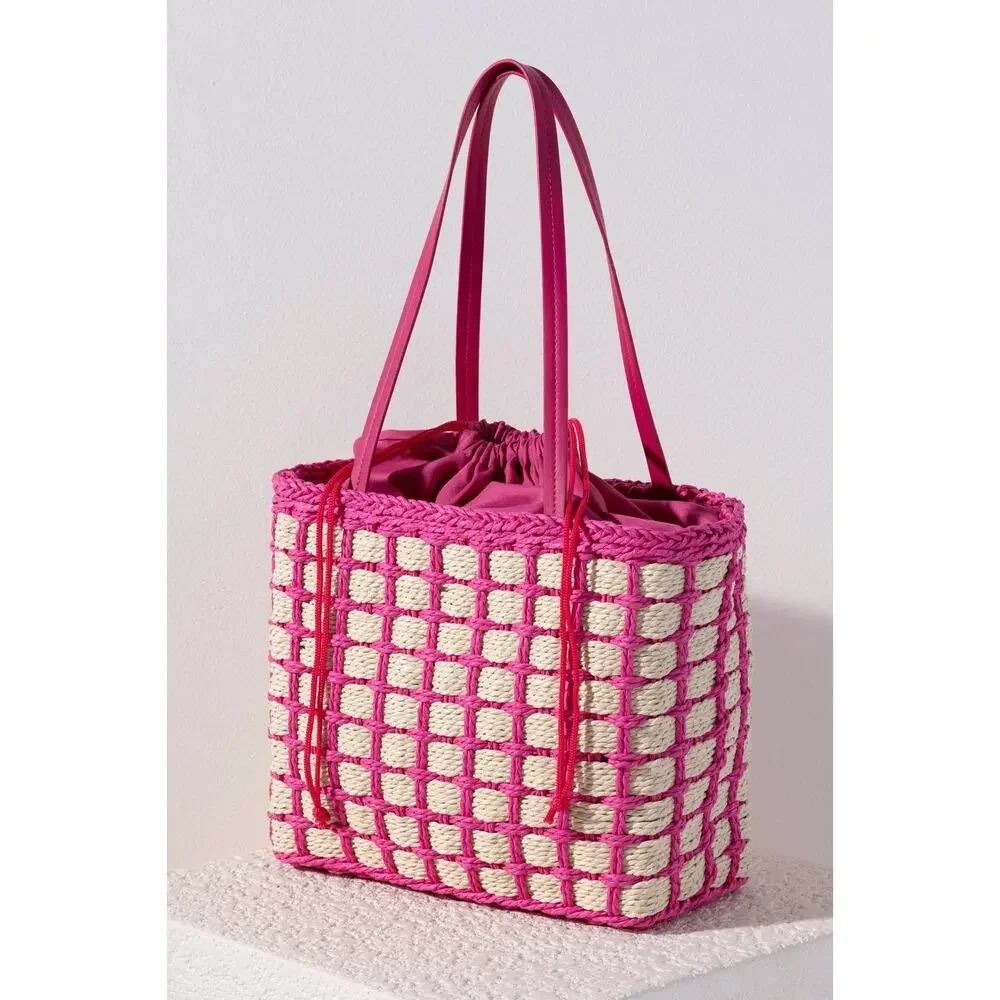 Juanita Pink Woven Straw Tote Bag Drawstring Beach Resort NWT